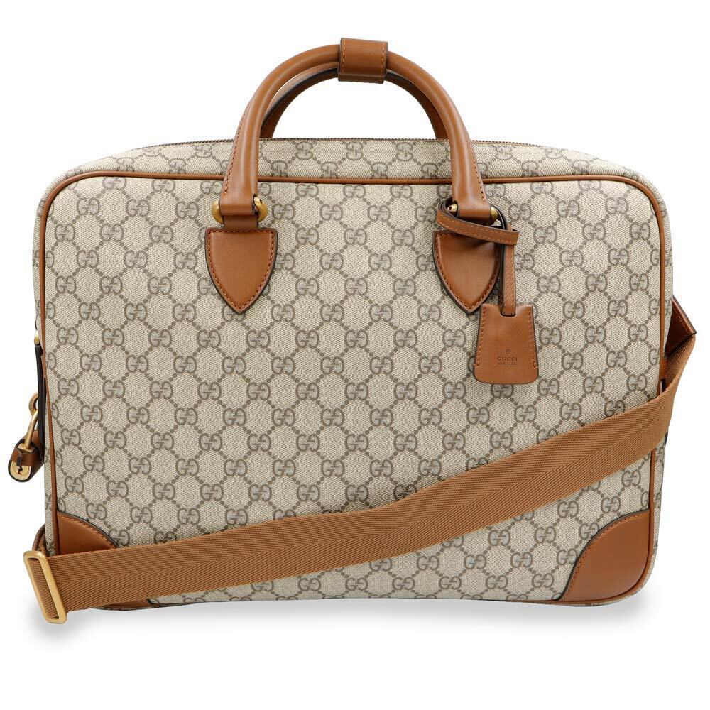 Gucci GG Emblem Briefcase Shoulder Handbag Supreme Canvas Leather Beige Brown